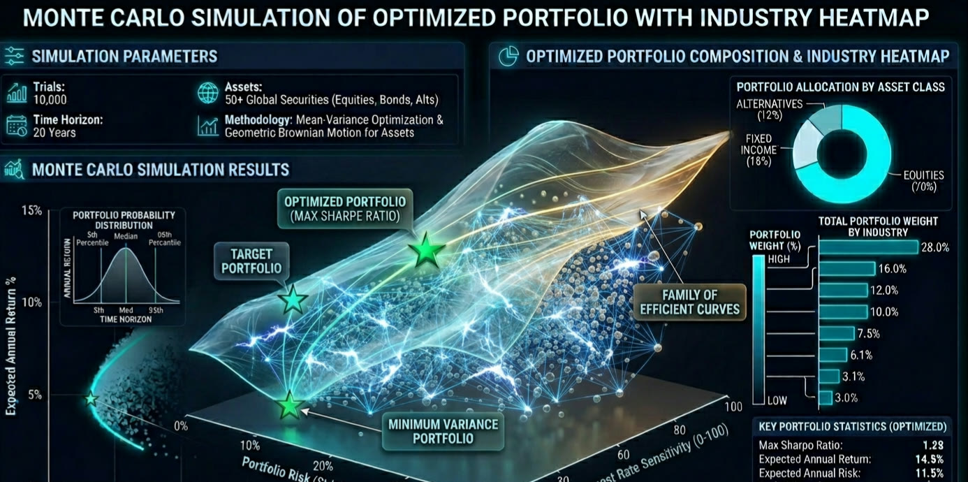 Original portfolio simulation: Monte Carlo efficient frontier with asset network