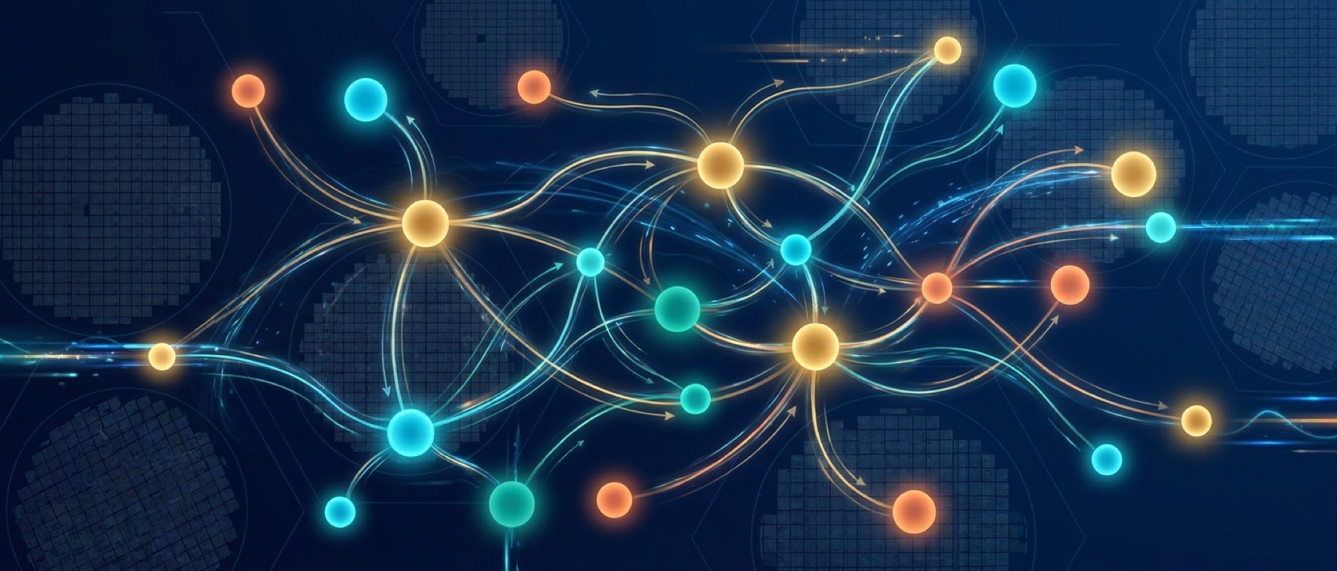 Global semiconductor supply chain — fabs, equipment, designers, and materials connected in a network map